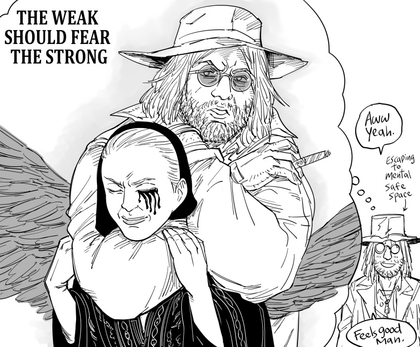1boy, 1girl, bb_(baalbuddy), beard, blood, bloody_tears, choke_hold, cigar, closed_mouth, commentary, english_commentary, english_text, facial_hair, feathered_wings, feathers, glasses, greyscale, highres, karl_heisenberg, looking_at_viewer, medium_hair, monochrome, mother_miranda, opaque_glasses, parody, parted_lips, photo-referenced, resident_evil, resident_evil_village, round_eyewear, sam_hyde, simple_background, smile, strangling, sunglasses, the_weak_should_fear_the_strong, thought_bubble, white_background, wings