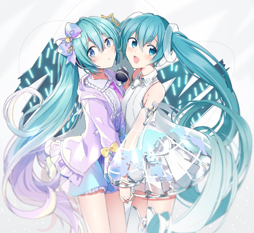 2girls, :o, agonasubi, aqua_eyes, aqua_hair, bare_shoulders, blue_eyes, blue_skirt