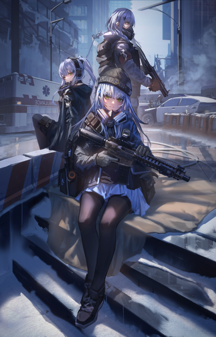 absurdres, agent_416_(girls_frontline), bangs, black_legwear, blunt_bangs, car, city, crossover