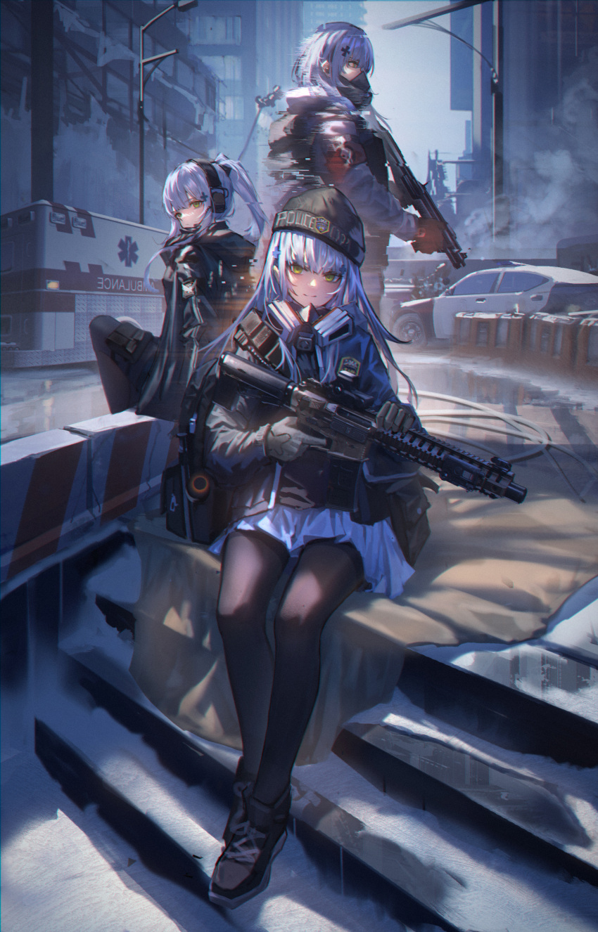 absurdres, agent_416_(girls_frontline), bangs, black_legwear, blunt_bangs, car, city, crossover
