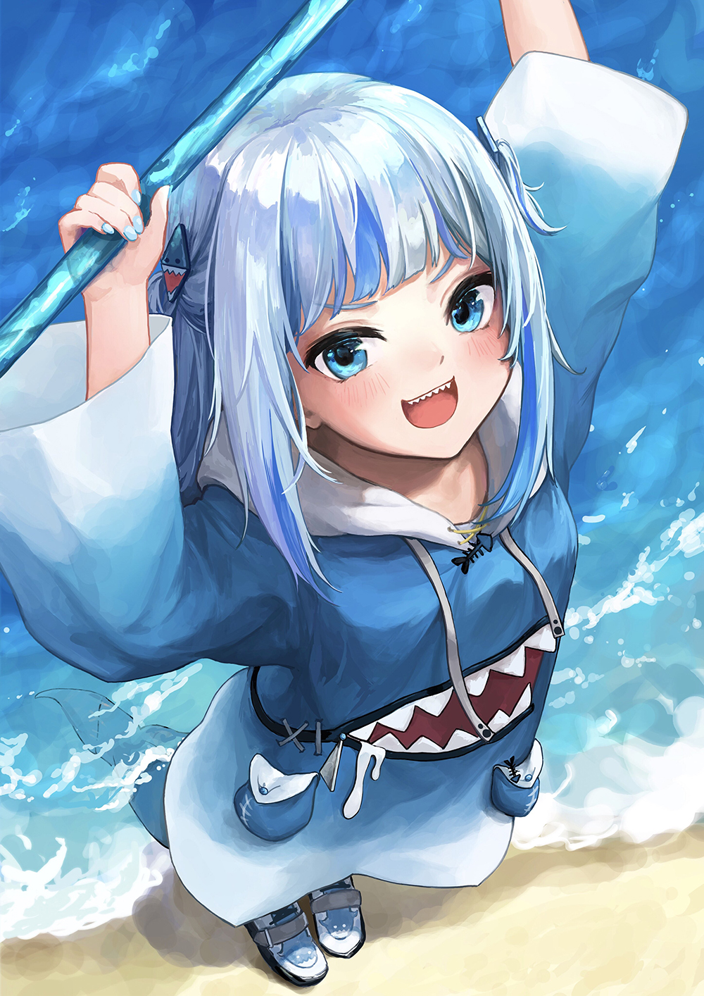 1girl, :d, arms_up, bangs, beach, blue_eyes, blue_hair, blue_hoodie