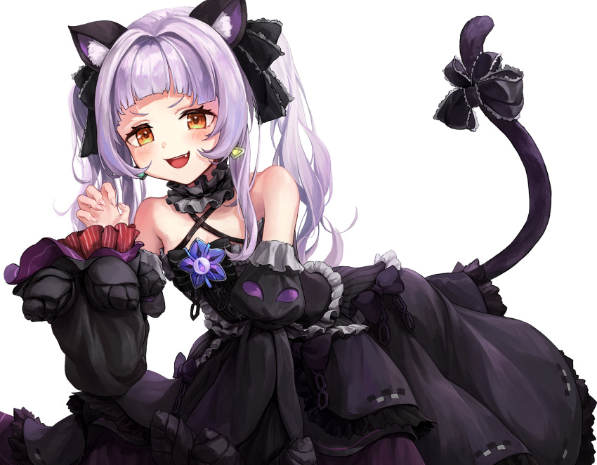 1girl, :d, all_fours, animal_ears, arm_support, bangs, bare_shoulders, black_dress