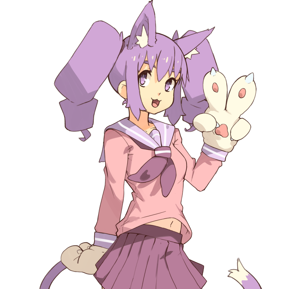 1girl, :3, :d, animal_ear_fluff, animal_ears, cat_ears, cat_girl, cat_tail, commentary, cowboy_shot, drill_hair, english_commentary, gloves, hand_up, long_sleeves, looking_at_viewer, midriff_peek, navel, neckerchief, open_mouth, otachan, paw_gloves, paws, pink_shirt, pleated_skirt, purple_hair, purple_neckwear, purple_sailor_collar, purple_skirt, sailor_collar, school_uniform, serafuku, shirt, simple_background, skirt, slit_pupils, smile, solo, tail, the_otachan_show, twin_drills, twintails, v, vins-mousseux, violet_eyes, white_background