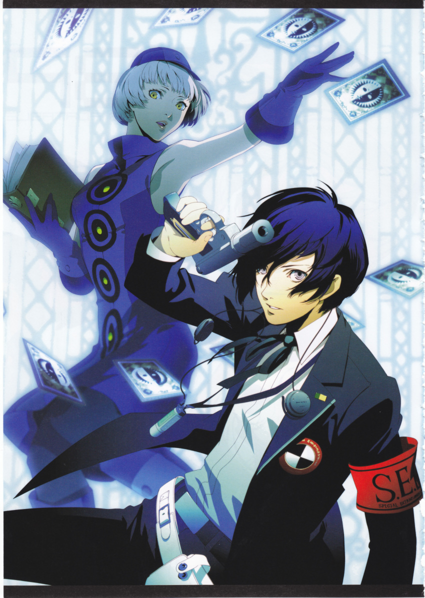 arisato_minato, armband, blue_hair, book, elizabeth, elizabeth_(persona), evoker, female_protagonist_(persona_3)