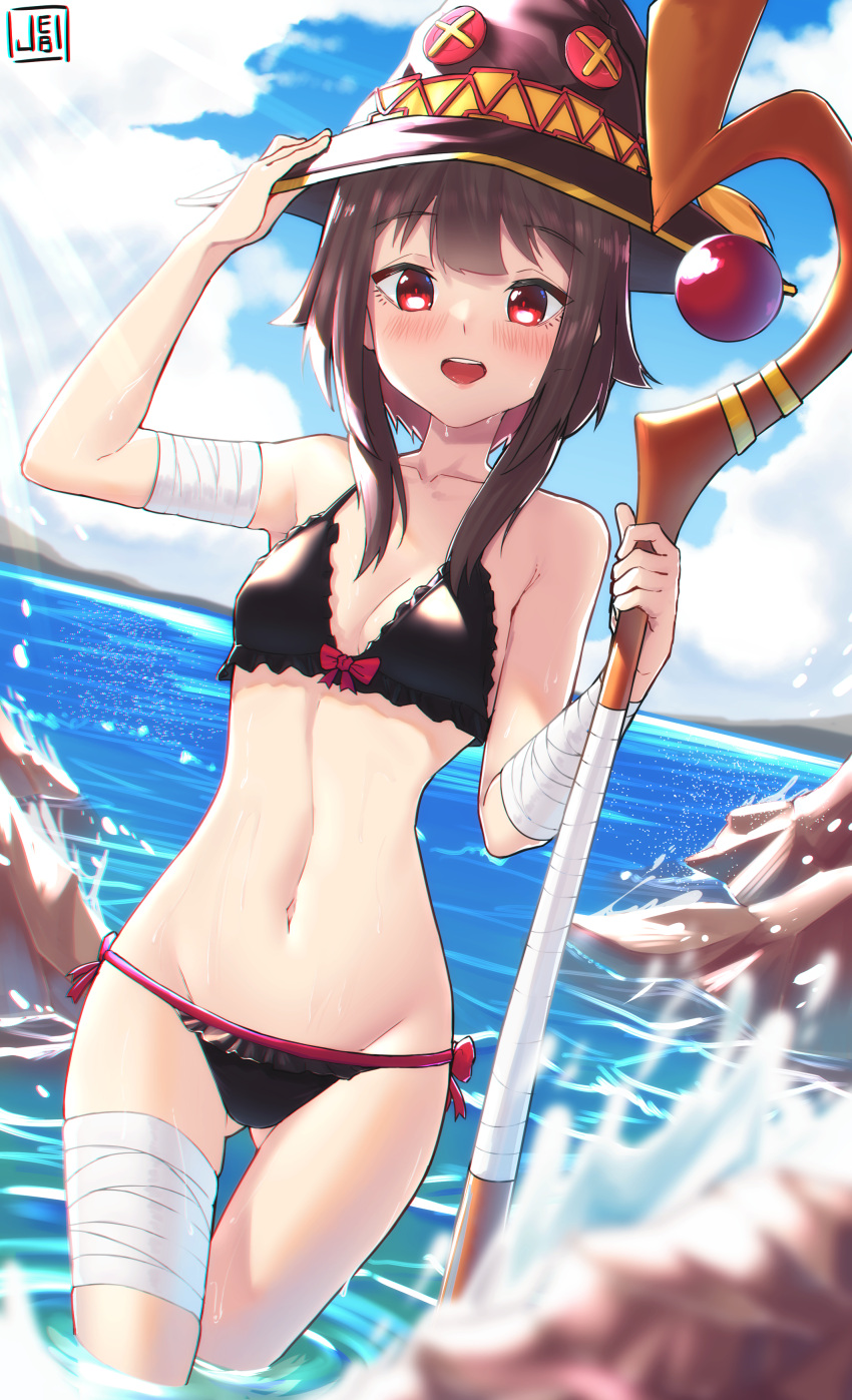 1girl, absurdres, bandaged_leg, bandages, bikini, black_bikini, blush, breasts