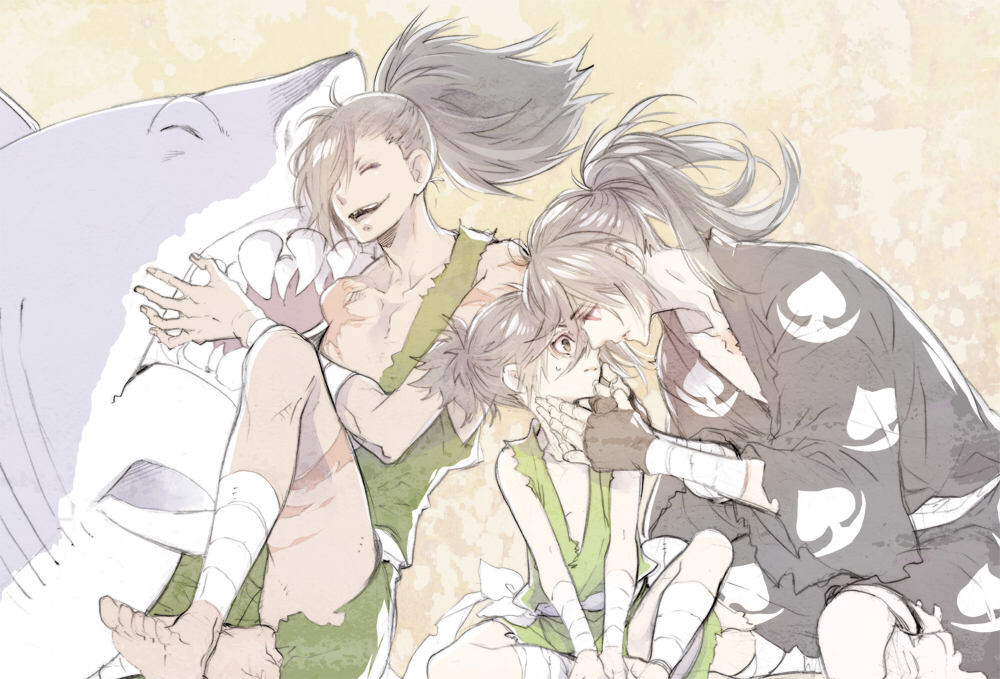 1girl, 2boys, amputee, barefoot, black_hair, black_kimono, closed_eyes, dororo_(character)