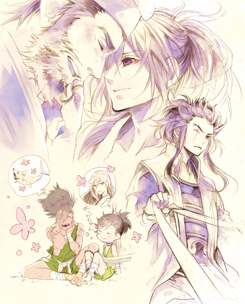 1girl, 4boys, amputee, blush, brown_eyes, dororo_(character), dororo_(tezuka), hyakkimaru_(dororo)