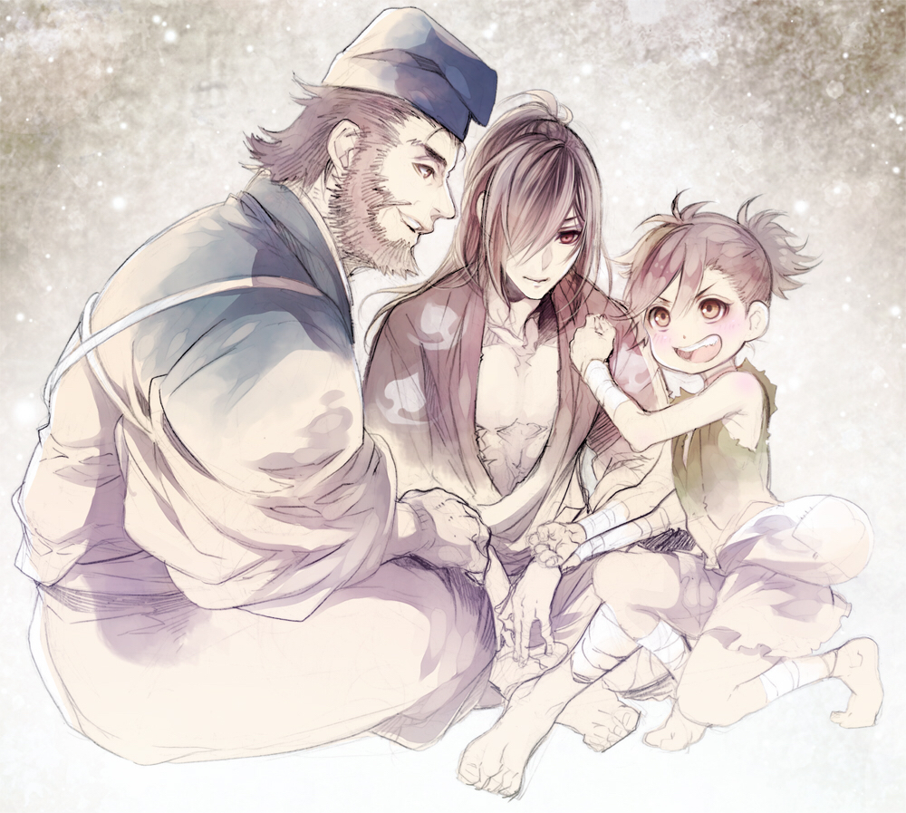 1girl, 2boys, :o, arm_wrap, barefoot, beard, black_hair, blue_headwear, brown_eyes, child, clenched_hand, dororo_(character), dororo_(tezuka), facial_hair, hair_over_one_eye, hyakkimaru_(dororo), japanese_clothes, jukai_(dororo), kimono, leg_wrap, multiple_boys, sitting, smile, sugahara_ryuu, tasuki