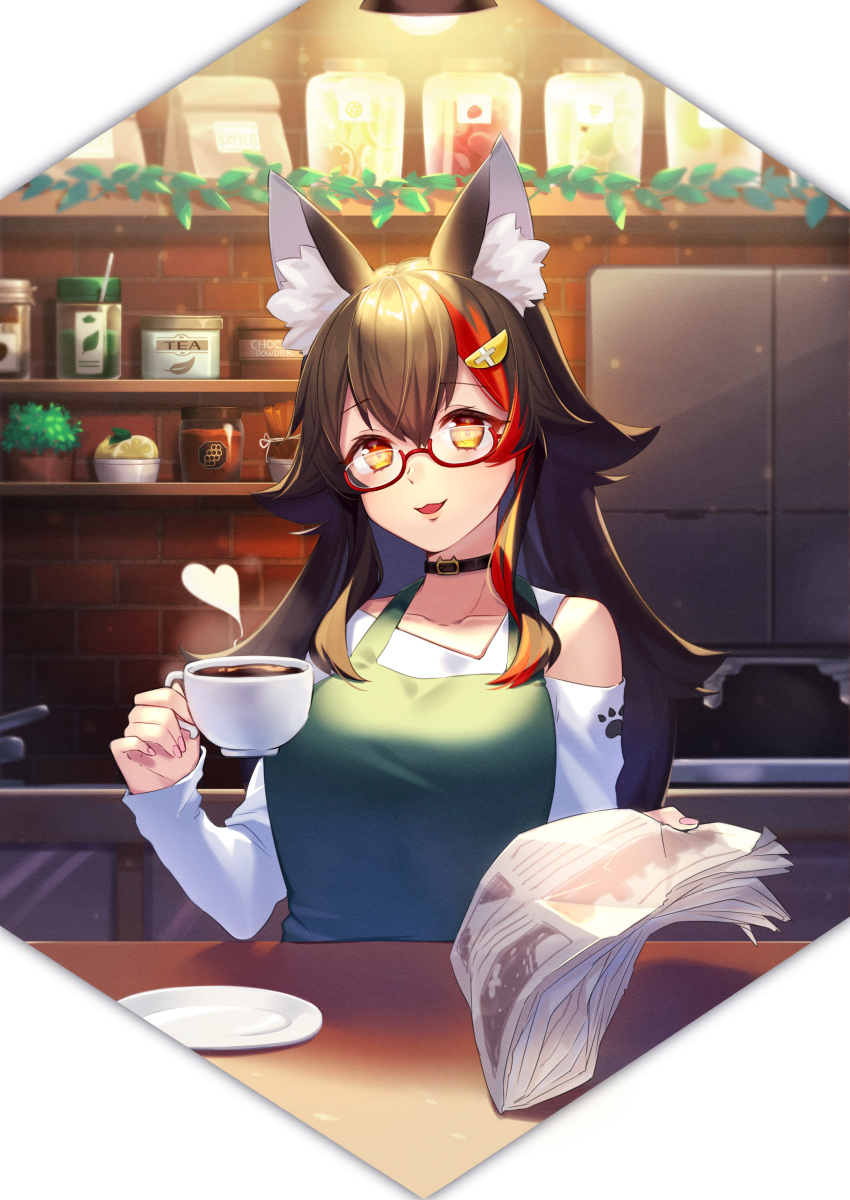 1girl, absurdres, animal_ear_fluff, animal_ears, asymmetrical_clothes, asymmetrical_shirt, black_hair, casual