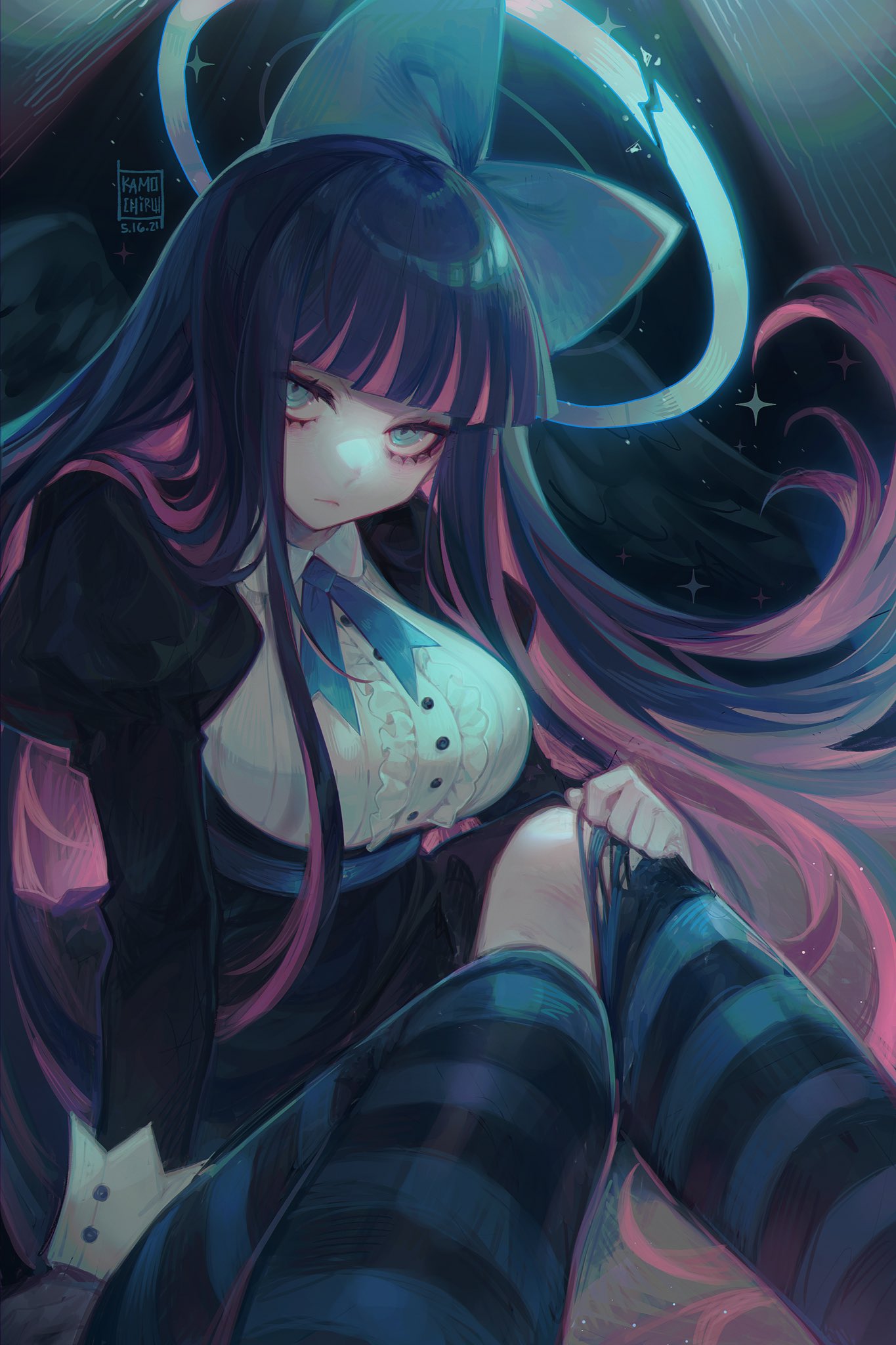 bangs, black_dress, black_hair, blue_bow, blue_eyes, blunt_bangs, bow, breasts, colored_inner_hair, commentary, dated, dress, feet_out_of_frame, hair_bow, halo, highres, juliet_sleeves, kamochiru, large_breasts, long_sleeves, looking_at_viewer, multicolored_hair, panty_&amp;_stocking_with_garterbelt, pink_hair, puffy_sleeves, shirt, signature, sitting, stocking_(psg), striped, striped_legwear, torn_clothes, torn_legwear, white_shirt, wings