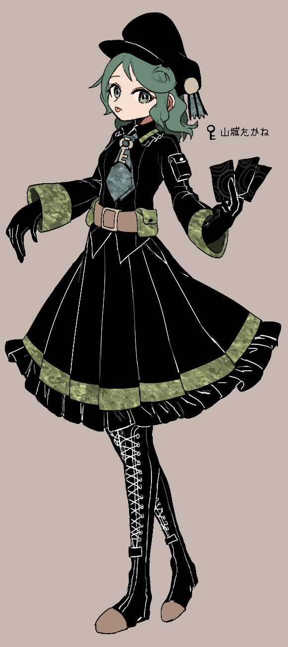 1girl, alternate_costume, arms_up, belt, belt_buckle, black_dress, black_footwear, boots