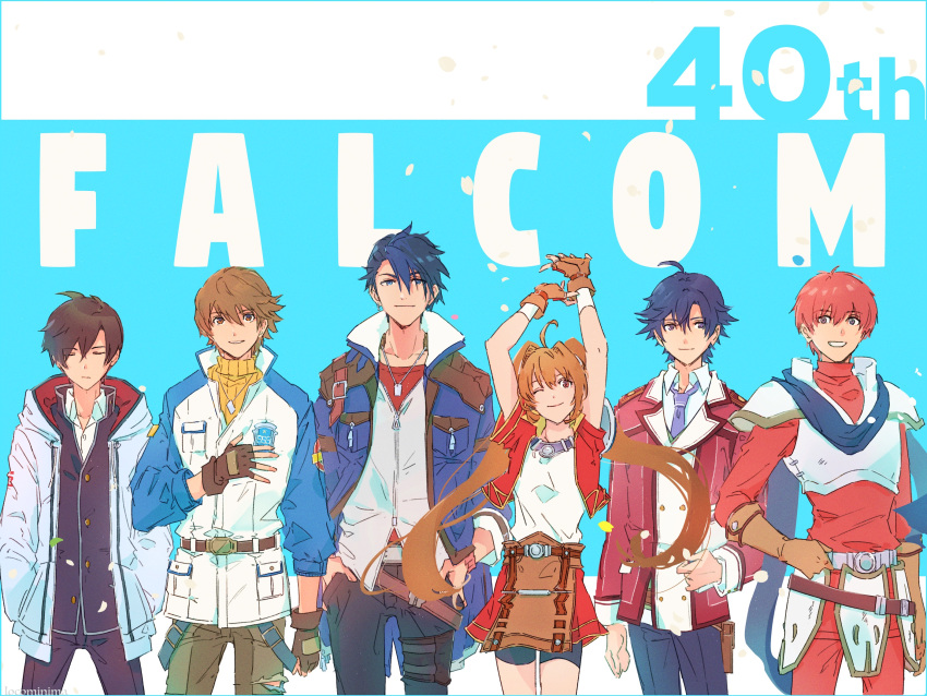 1girl, 5boys, adol_christin, ahoge, anniversary, ao_no_kiseki, armor, arms_up, bangs, belt, belt_pouch, bike_shorts, black_gloves, black_hair, black_jacket, black_pants, blue_background, blue_hair, blue_jacket, brown_eyes, brown_gloves, brown_hair, brown_pants, closed_eyes, closed_mouth, coat, collared_shirt, commentary, copyright_name, cowboy_shot, dog_tags, eiyuu_densetsu, estelle_bright, expressionless, eyebrows_visible_through_hair, falcom, fingerless_gloves, floating_hair, gloves, grin, hair_between_eyes, hand_on_own_chest, hands_in_pockets, highres, hooded_coat, jacket, kuro_no_kiseki, leather, leather_gloves, lloyd_bannings, long_hair, looking_at_viewer, miche_(locominima), miniskirt, multiple_boys, necktie, one_eye_closed, pants, petals, pouch, purple_neckwear, rean_schwarzer, red_eyes, red_jacket, red_pants, red_shirt, red_skirt, redhead, ribbed_sweater, school_uniform, sen_no_kiseki, shirt, short_hair, shorts, shorts_under_skirt, shoulder_armor, simple_background, skirt, smile, sora_no_kiseki, spiky_hair, sweater, swept_bangs, tokisaka_kou, tokyo_xanadu, turtleneck, turtleneck_sweater, twintails, two-tone_jacket, uniform, van_arkride, violet_eyes, white_coat, white_jacket, white_shirt, wing_collar, yellow_sweater, ys, zero_no_kiseki