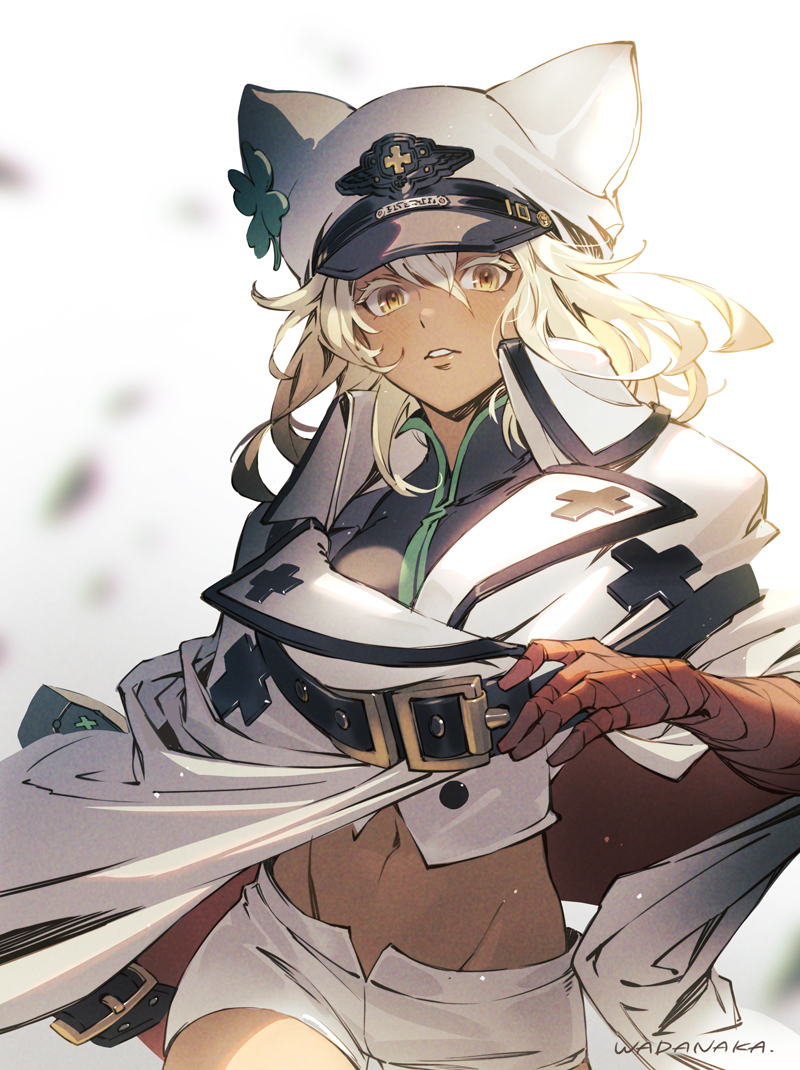 1girl, animal_hat, bandaged_arm, bandages, belt, cape, cat_hat, clover