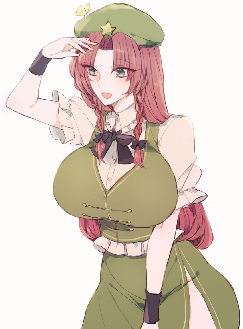 1girl, bangs, beret, black_ribbon, braid, breasts, bug, bura