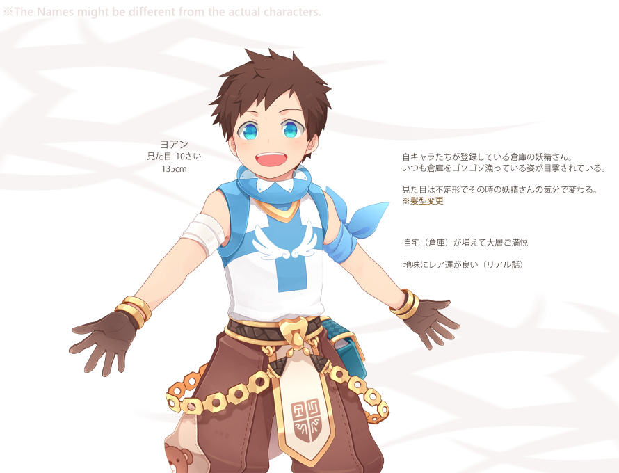 1boy, animal_print, armband, bangs, bear_print, blue_eyes, blue_shirt, brown_gloves