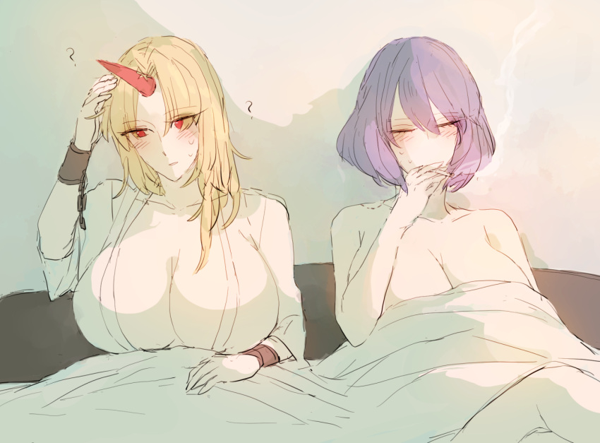 2girls, ?, after_sex, bangs, bed, bed_sheet, bedroom, blonde_hair, blush, breasts, bura, chain, cigarette, closed_eyes, closed_mouth, cuffs, duplicate, horns, hoshiguma_yuugi, indoors, japanese_clothes, kimono, large_breasts, long_hair, meme, multiple_girls, oni, parted_bangs, parted_lips, pixel-perfect_duplicate, purple_hair, red_eyes, shackles, short_hair, single_horn, smoking, sweat, touhou, yasaka_kanako, yuri
