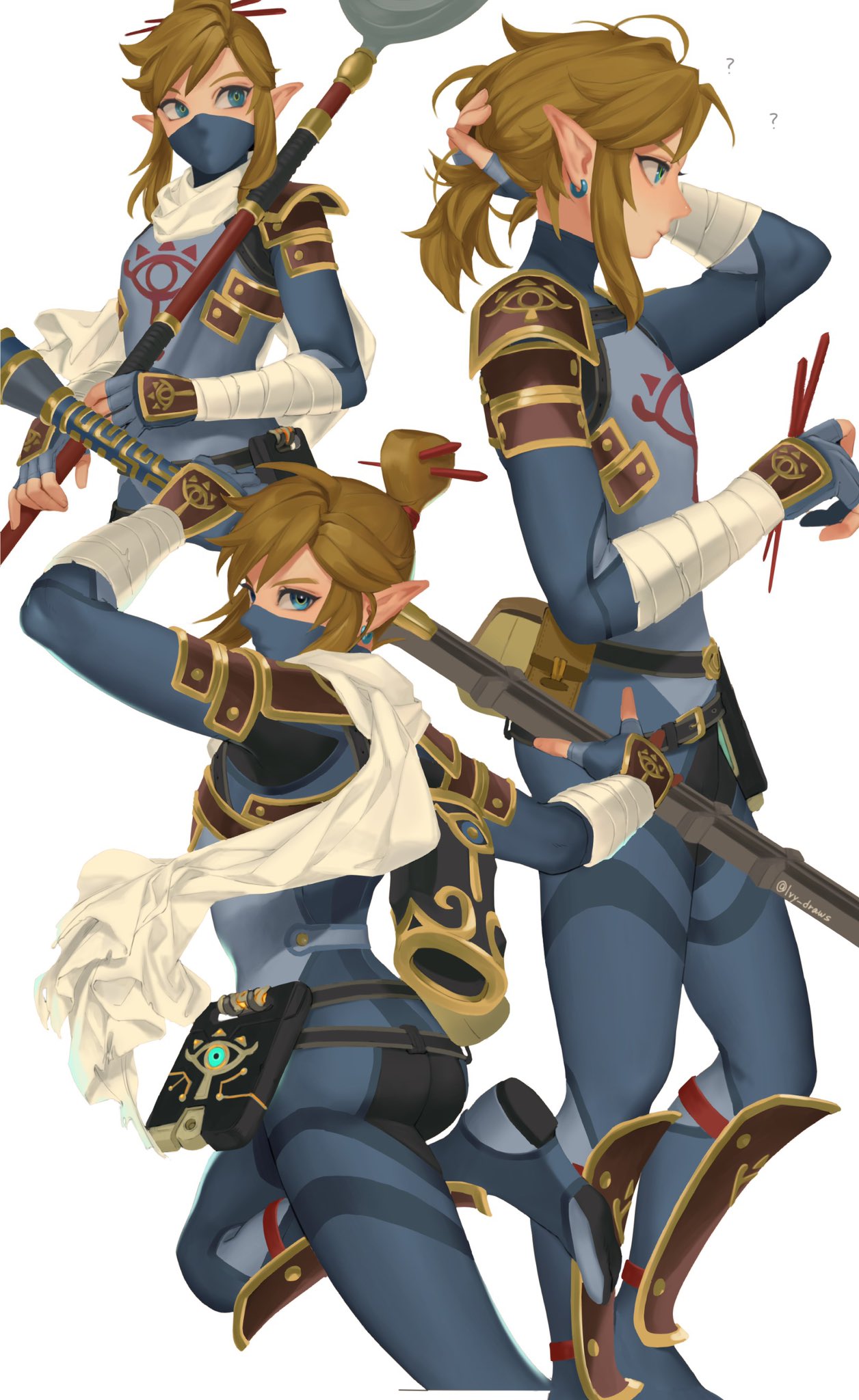 1boy, ass, bag, bangs, blonde_hair, blue_eyes, bodysuit, earrings, from_side, gloves, hair_ornament, hair_stick, highres, holding, holding_weapon, iva_(sena0119), jewelry, link, looking_at_viewer, male_focus, mask, mouth_mask, multiple_views, official_alternate_costume, pointy_ears, ponytail, sheikah_slate, stealth_set_(zelda), stick, sword, the_legend_of_zelda, the_legend_of_zelda:_breath_of_the_wild, weapon