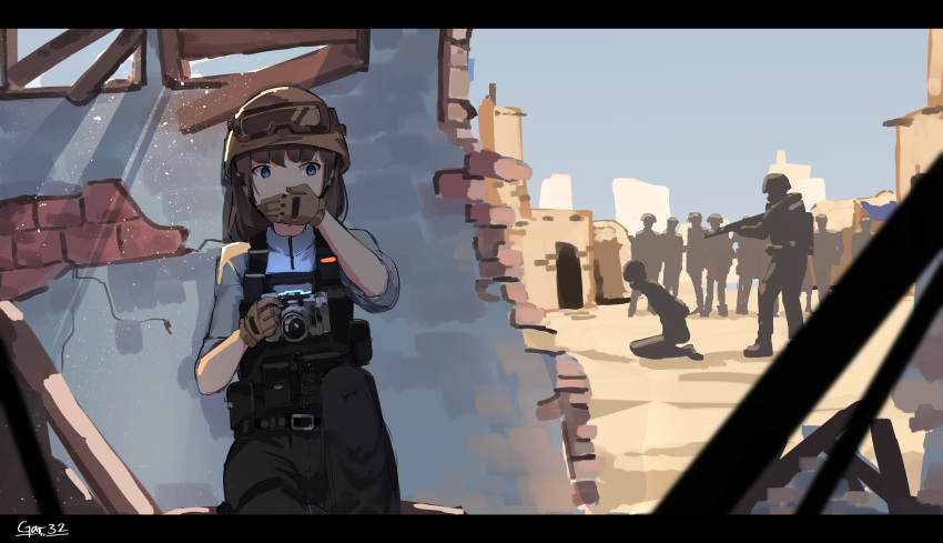 1girl, absurdres, black_pants, blue_eyes, brown_gloves, brown_hair, bulletproof_vest, camera