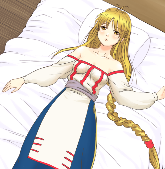 arc_the_lad, arc_the_lad_ii, bed, blonde_hair, braid, detached_sleeves, dress, female