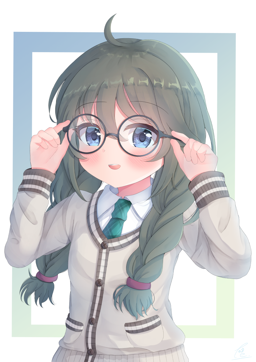 1girl, adjusting_eyewear, blue_eyes, blush, braid, commentary_request, glasses, green_hair