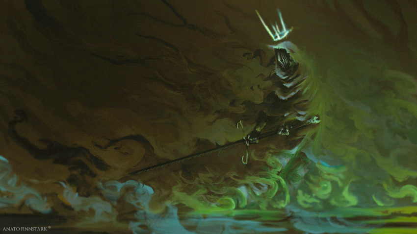 1boy, anato_finnstark, artist_name, aura, cape, crown, gauntlets, green_theme