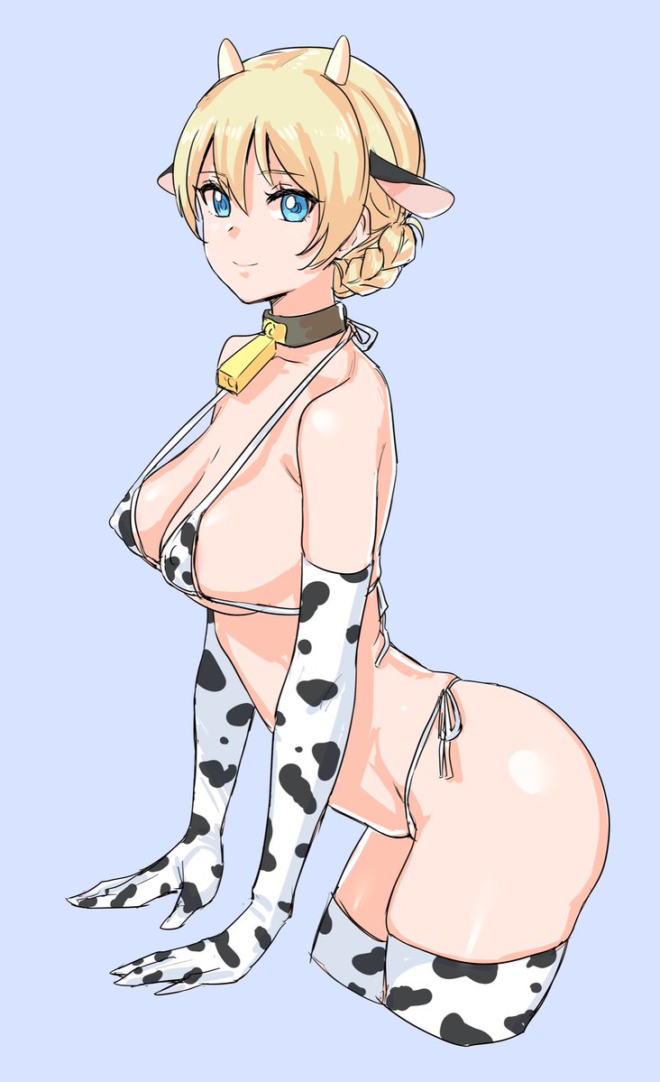 1girl, animal_collar, animal_ears, animal_print, bangs, bell, bikini, blonde_hair, blue_background, blue_eyes, braid, breasts, closed_mouth, collar, commentary, cow_ears, cow_horns, cow_print, cropped_legs, darjeeling_(girls_und_panzer), elbow_gloves, eyebrows_visible_through_hair, from_side, girls_und_panzer, gloves, horns, kuppipi_ramutarou, leaning_forward, looking_at_viewer, medium_breasts, neck_bell, print_bikini, print_gloves, print_legwear, short_hair, side-tie_bikini, simple_background, skindentation, smile, solo, standing, string_bikini, swimsuit, thigh-highs, tied_hair, white_bikini, white_gloves, white_legwear