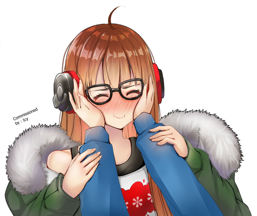 2girls, absurdres, ahoge, arm_grab, arms_up, bangs, bare_shoulders, behind-the-head_headphones, black_tank_top, black_undershirt, blue_sleeves, blunt_bangs, blush, cheek_press, cheek_squash, closed_eyes, coat, fur-trimmed_coat, fur-trimmed_hood, fur_trim, fuwanian, glasses, green_coat, hands_on_another's_arms, hands_on_another's_cheeks, hands_on_another's_face, hands_up, headphones, highres, hime_cut, hood, hood_down, hooded_coat, long_hair, long_sleeves, multiple_girls, off-shoulder_shirt, off_shoulder, orange_hair, persona, persona_5, pov, pov_hands, sakura_futaba, shirt, simple_background, smile, solo_focus, t-shirt, tank_top, v_arms, white_background, white_shirt