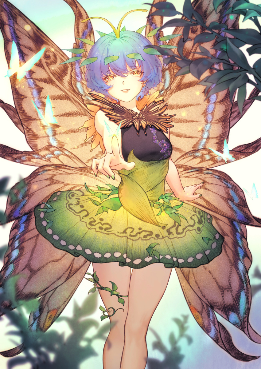 1girl, absurdres, antennae, bare_shoulders, blue_background, blue_hair, blurry, breasts