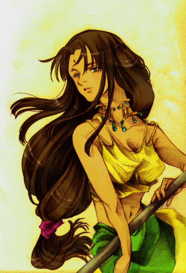 arc_the_lad, arc_the_lad_ii, brown_hair, choker, female, green_eyes, long_hair, midriff