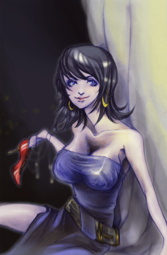 arc_the_lad, arc_the_lad_ii, bare_shoulders, black_hair, blue_eyes, cleavage, dress, earrings