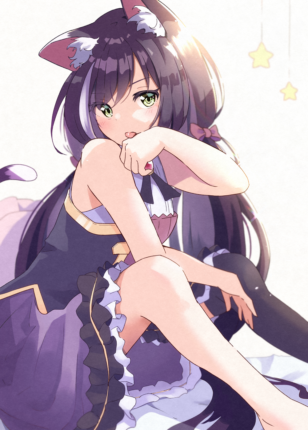 1girl, animal_ear_fluff, animal_ears, arm_between_legs, bangs, bare_shoulders, black_hair, black_legwear