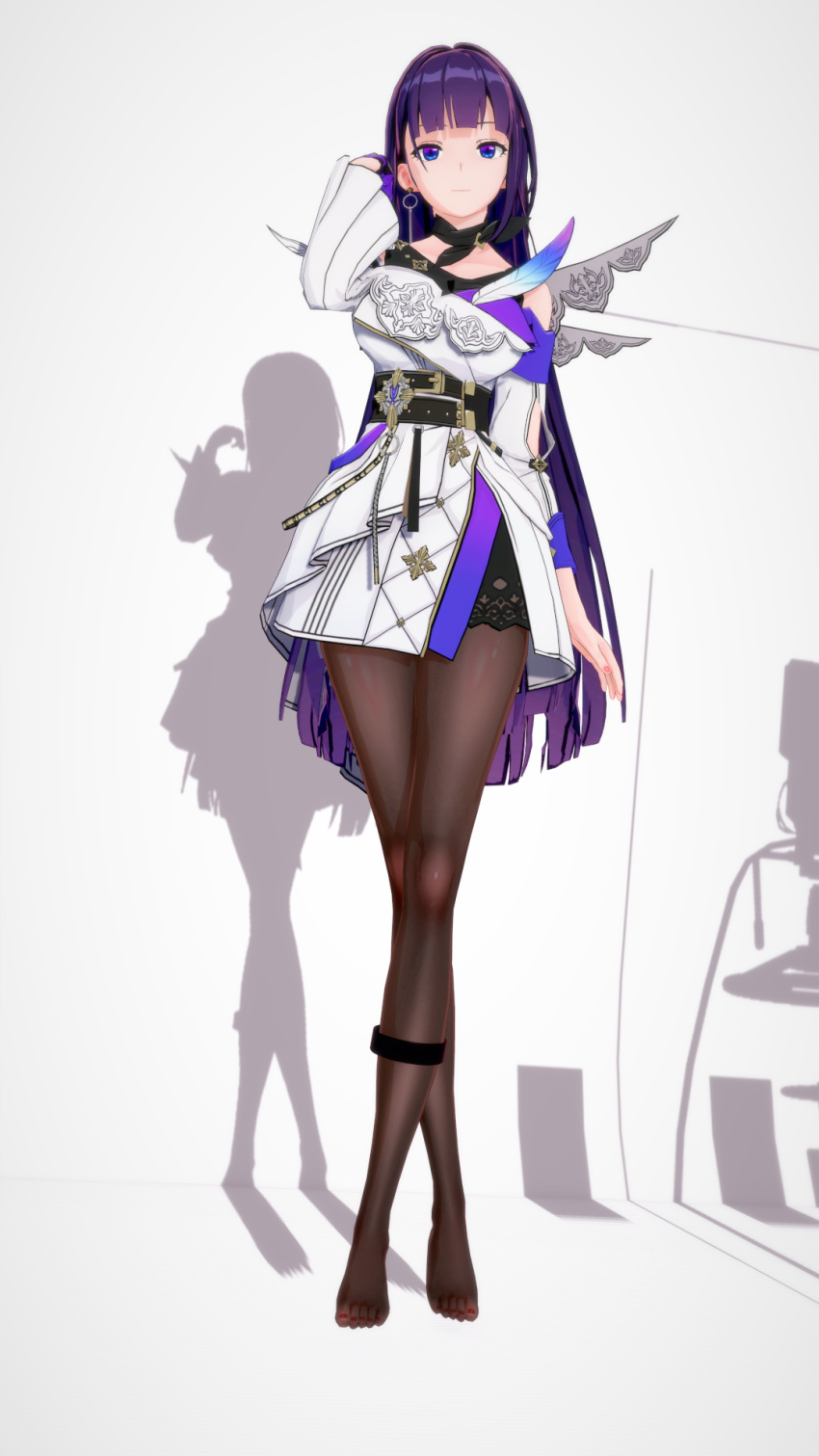 1girl, adjusting_hair, alternate_costume, alternate_hairstyle, black_eyes, black_hair, black_legwear, highres