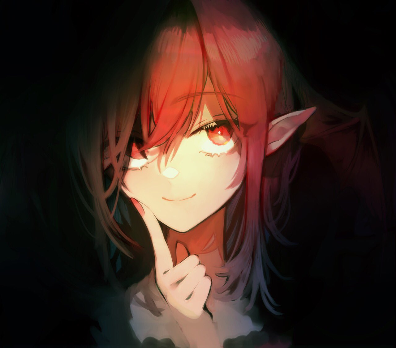 1girl, dark_background, darkness, eyebrows_visible_through_hair, eyes_visible_through_hair, face, finger_to_cheek, head_wings