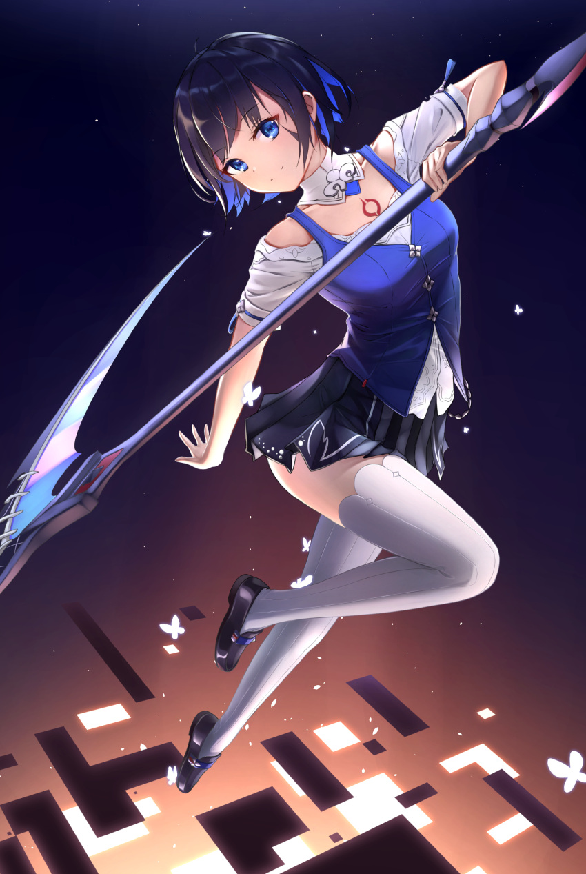 1girl, absurdres, alternate_costume, blue_eyes, blue_hair, bug, butterfly, closed_mouth