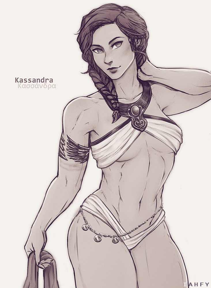 1girl, arm_up, armlet, assassin's_creed:_odyssey, assassin's_creed_(series), braid, braided_ponytail, breasts, character_name, hair_over_shoulder, iahfy, kassandra_of_sparta, looking_at_viewer, monochrome, navel, simple_background, small_breasts, smile, solo, toned, white_background