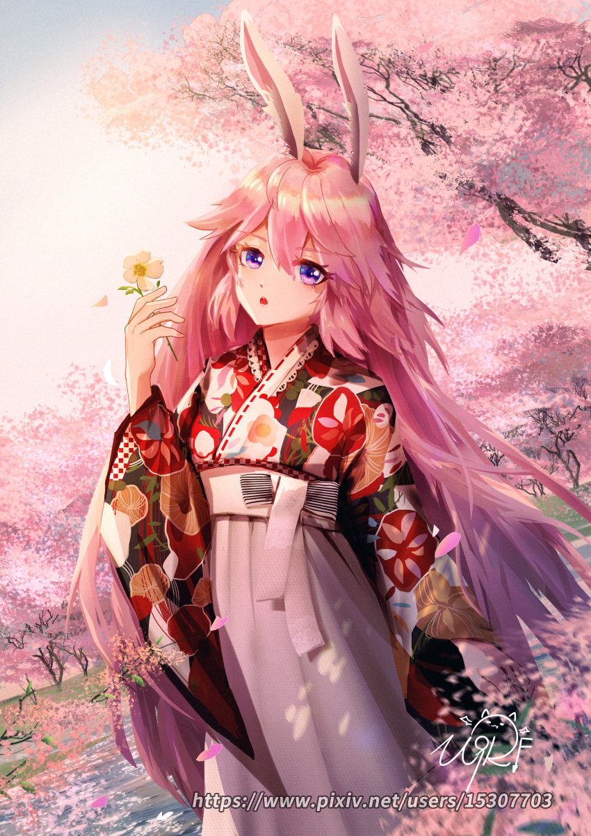 1girl, absurdres, alien_(15307703), alternate_costume, animal_ears, blue_sky, cherry_blossoms, clouds