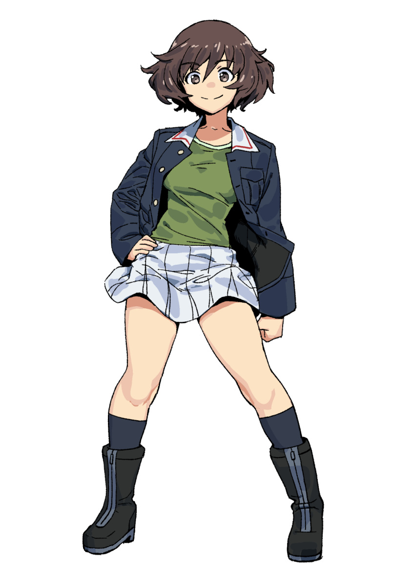 1girl, akiyama_yukari, blue_jacket, blue_legwear, boots, brown_eyes, brown_hair, contrapposto