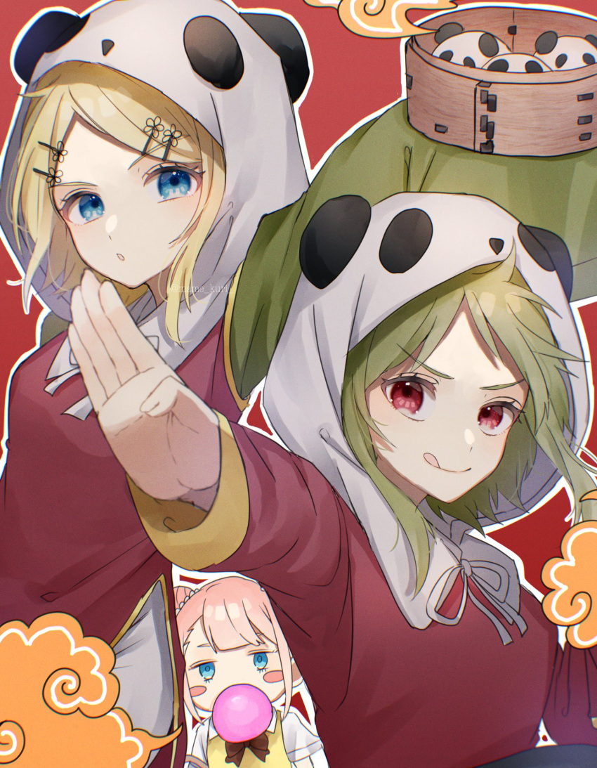 3girls, :d, animal_hood, bamboo_steamer, blonde_hair, blue_eyes, blush_stickers, bow, bubble_blowing, chewing_gum, china_dress, chinese_clothes, double_bun, dress, eyebrows_visible_through_hair, green_hair, gumi, hair_ornament, hairpin, highres, holding, hood, hood_up, kagamine_rin, long_sleeves, mame_kuri, mika-chan, multiple_girls, open_mouth, outstretched_arm, panda_hood, pink_hair, red_eyes, red_shirt, shirt, short_hair, short_sleeves, smile, smoke, vocaloid, yie_ar_fan_club_(vocaloid)