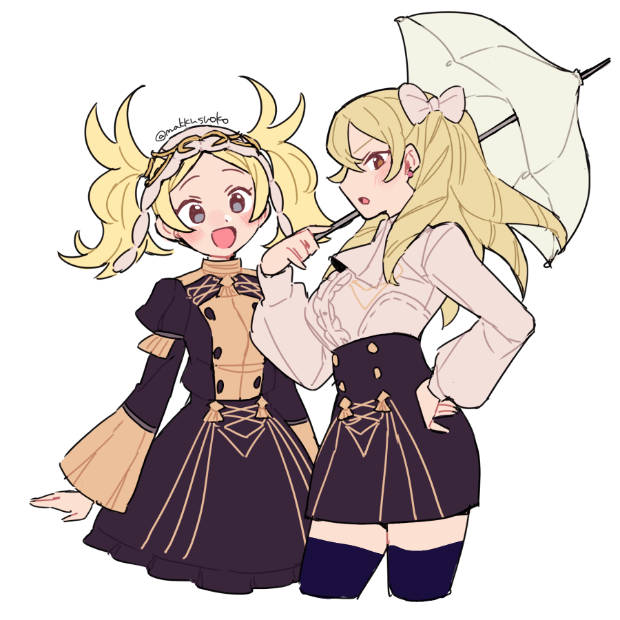 2girls, bangs, blonde_hair, blush, bow, buttons, do_m_kaeru, drill_hair