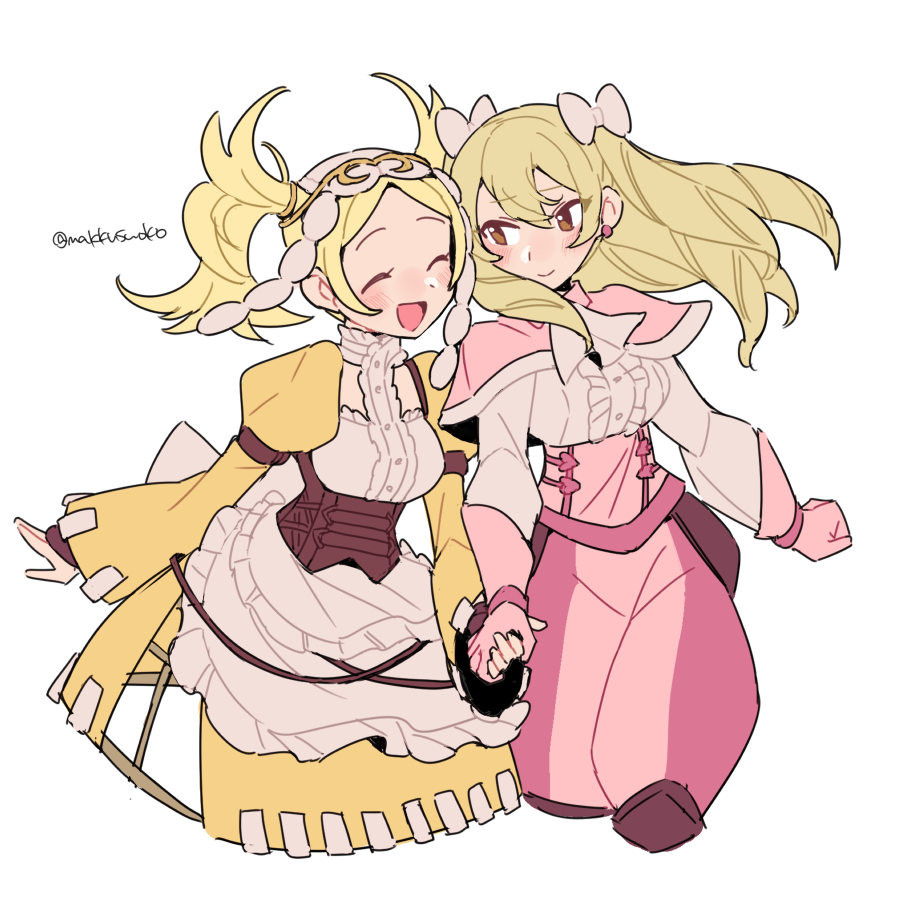 2girls, apron, bangs, blonde_hair, blush, bow, closed_eyes, cravat