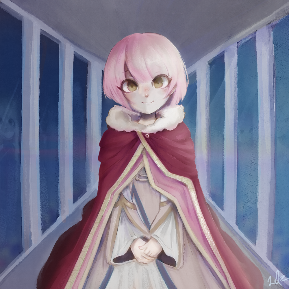 1girl, artist_name, bangs, blunt_bangs, blush, bob_cut, cape, evillious_nendaiki, eyelashes, fur-trimmed_cape, fur_collar, fur_trim, hallway, hands_together, inverted_bob, irina_clockworker, lcfz, looking_at_viewer, ma_survival_(vocaloid), mirror, nekomura_iroha, pale_skin, pink_hair, red_cape, reflection, signature, smile, solo, vocaloid, when_you_see_it, wide_sleeves, yellow_eyes