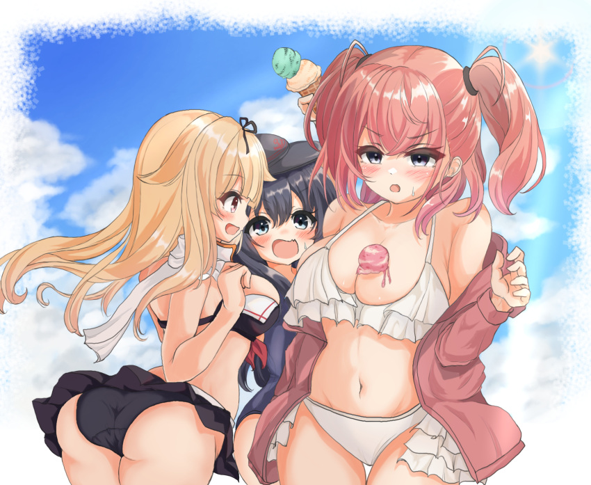 3girls, adapted_costume, akatsuki_(kancolle), atlanta_(kancolle), bikini, black_bikini, black_hair, black_headwear