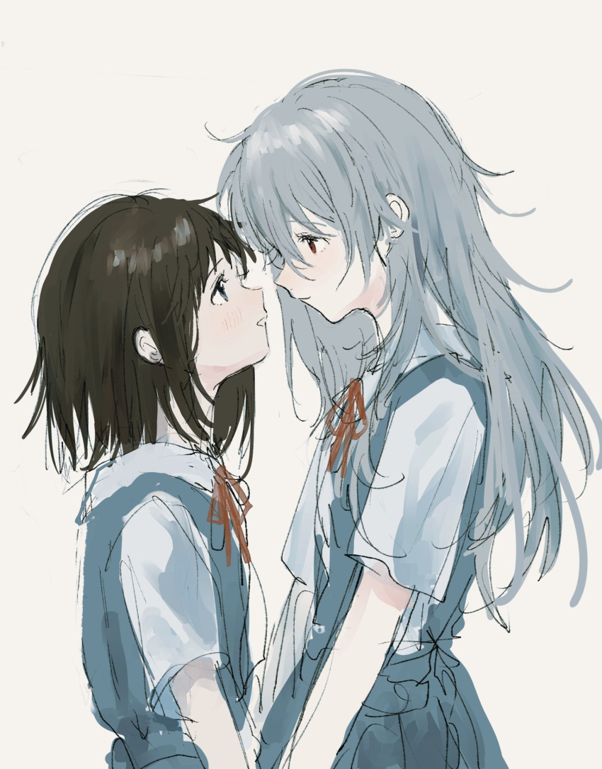 2girls, blue_eyes, blush, brown_hair, commentary_request, cowboy_shot, eyebrows_visible_through_hair, from_side, genderswap, genderswap_(mtf), grey_hair, highres, ikari_shinji, long_hair, multiple_girls, nagisa_kaworu, neon_genesis_evangelion, nokoru_sora, red_eyes, school_uniform, short_hair, sketch, skirt, suspender_skirt, suspenders, white_background, yuri