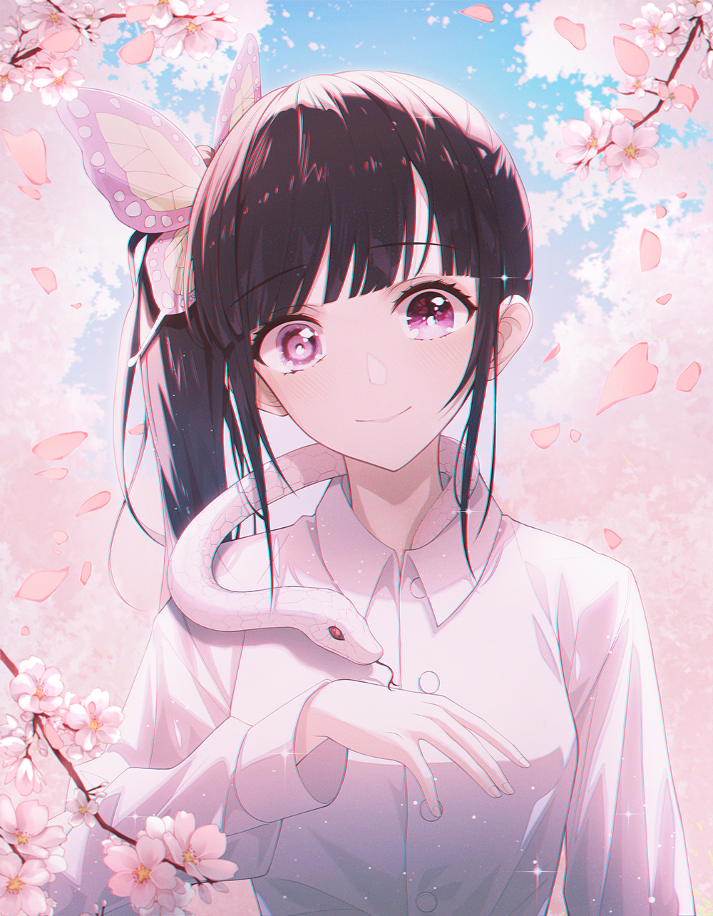 1girl, black_hair, breasts, butterfly_hair_ornament, cherry_blossoms, dress_shirt, flower, hair_ornament