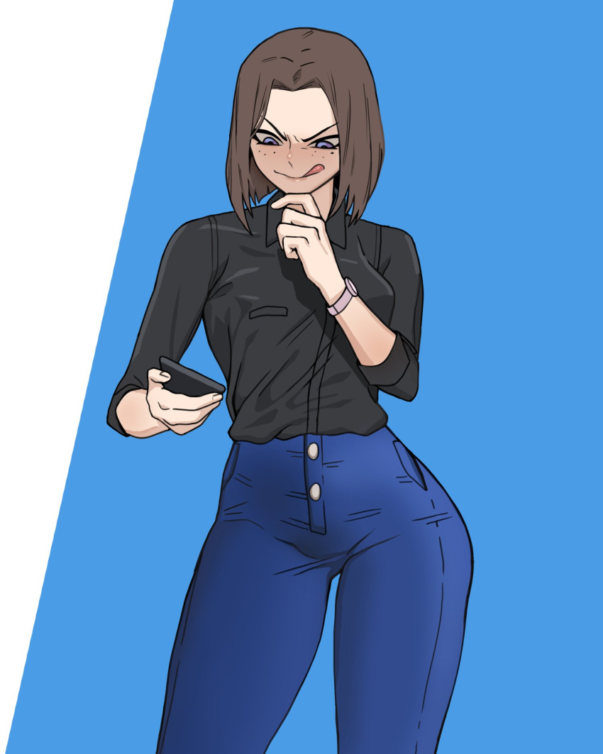 1girl, bangs, black_shirt, blue_background, blue_eyes, blue_pants, breasts, brown_hair, cellphone, closed_mouth, collared_shirt, freckles, highres, holding, holding_phone, licking_lips, looking_at_phone, medium_hair, mole, mole_under_eye, pants, parted_bangs, phone, samsung, samsung_sam, shirt, smile, solo, tongue, tongue_out, vulcan_(ejel2000), watch, watch, white_background