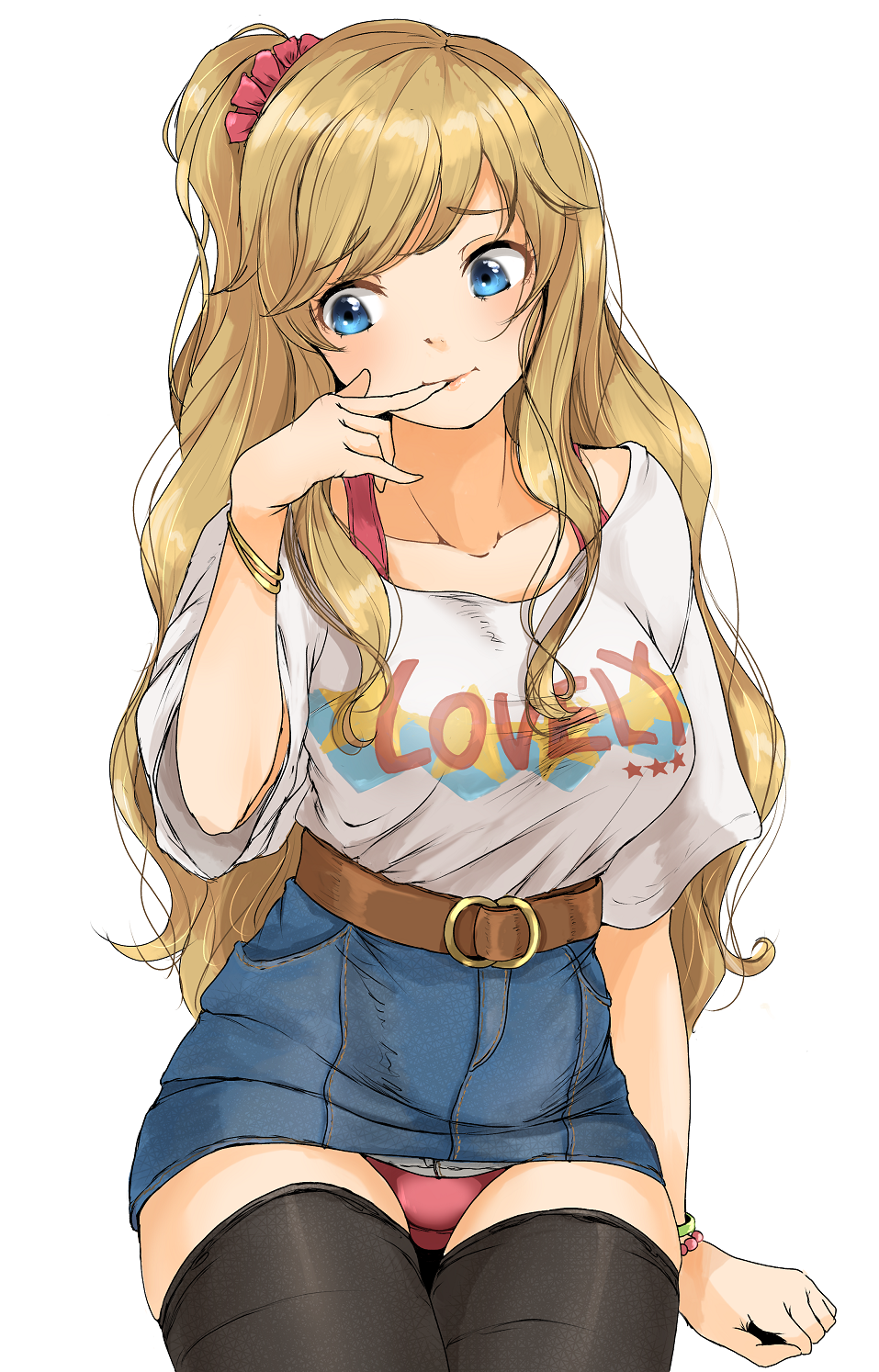 1girl, arm_support, bangs, belt, black_legwear, blonde_hair, blue_eyes, bracelet