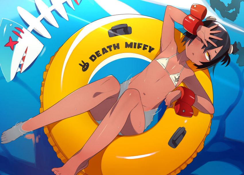 1girl, absurdres, bangs, barefoot, bikini, black_hair, blush, dark-skinned_female