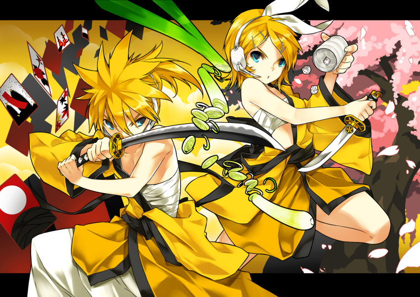 blue_eyes, card, cards, cherry_blossoms, dagger, dice, fighting_stance, floating_card