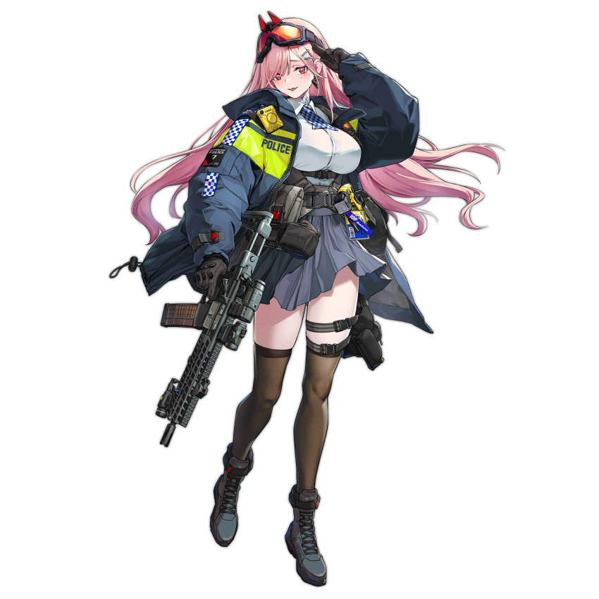 1girl, assault_rifle, bag, bangs, belt, black_footwear, black_gloves, black_legwear