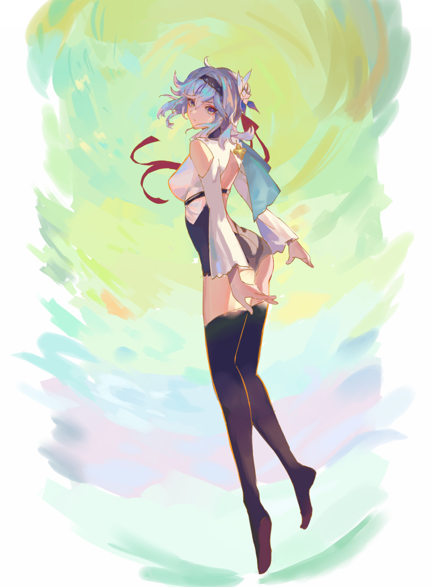 1girl, absurdres, bangs, bare_shoulders, black_hairband, black_legwear, black_leotard, blue_hair, breasts, commentary_request, eula_lawrence, floating, from_behind, full_body, genshin_impact, hair_ornament, hairband, highres, leotard, long_sleeves, looking_at_viewer, looking_back, medium_breasts, medium_hair, multicolored, multicolored_eyes, no_shoes, peckeronie, solo, thigh-highs, thighs, violet_eyes, yellow_eyes